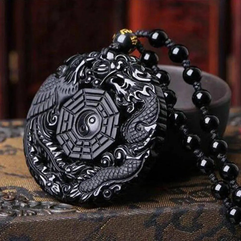 Natural Black Obsidian Hand Carved Chinese Dragon Phoenix Amulet Bagua Necklaces for Men Women Luck Mascot Amulet Male Necklace