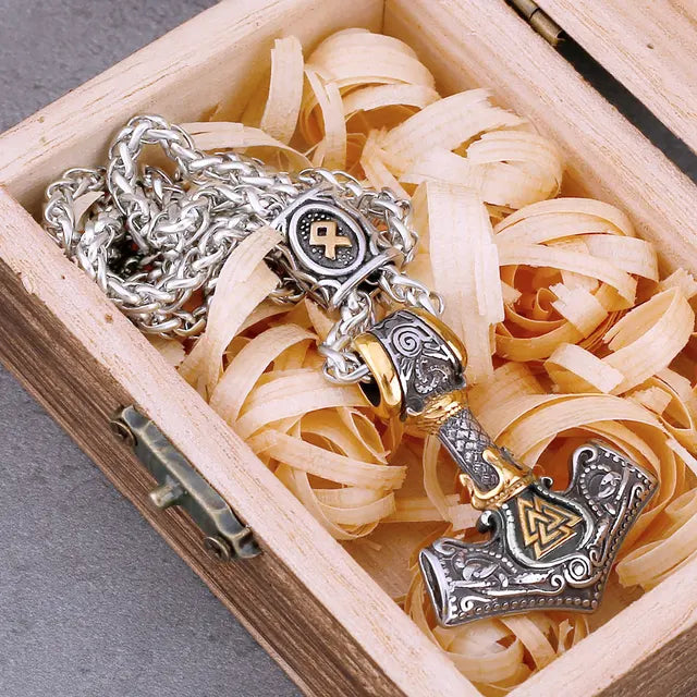 New Design Fashion Viking Thor'S Hammer Necklace Men'S Stainless Steel Jewelry Gift Vintage Scandinavian Rune Amulet Necklace