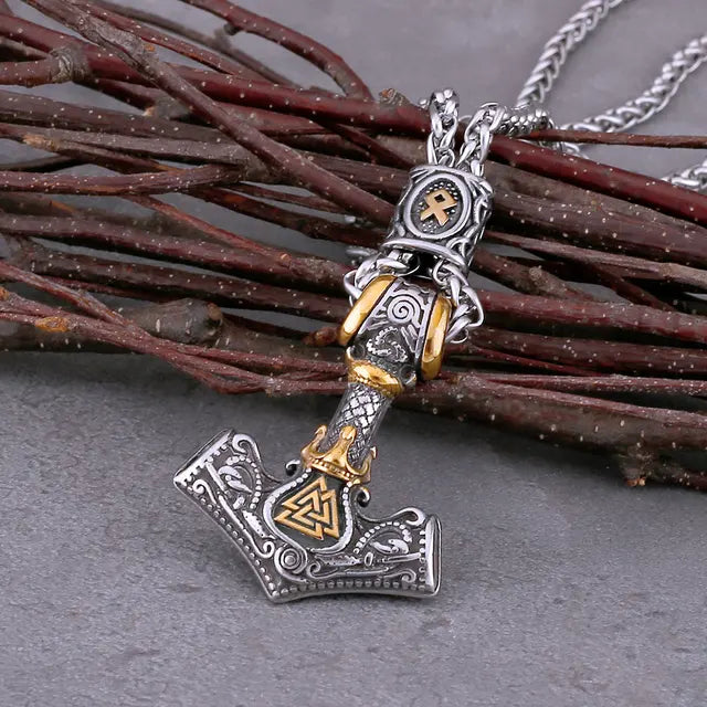 New Design Fashion Viking Thor'S Hammer Necklace Men'S Stainless Steel Jewelry Gift Vintage Scandinavian Rune Amulet Necklace