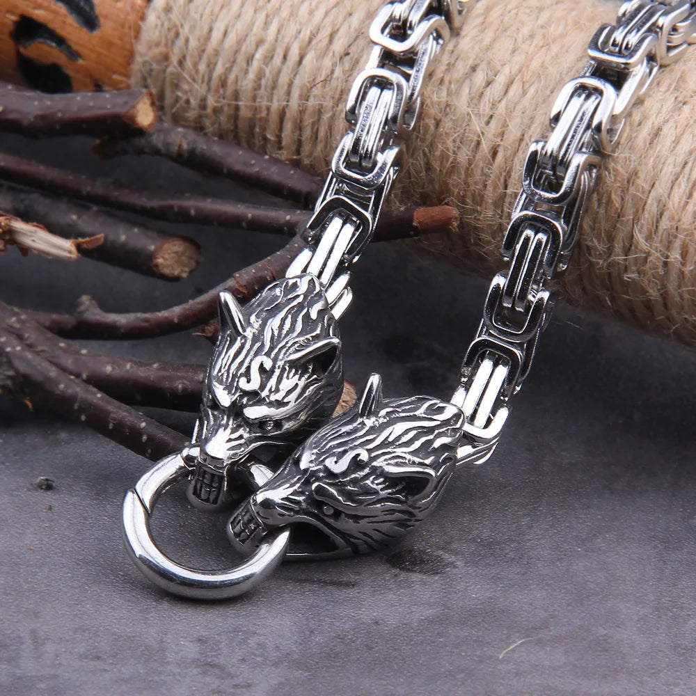 Stainless Steel Viking Wolf Head Square-Link Chain with round Clasp without Pendant with Wooden Box as Christmas Gift