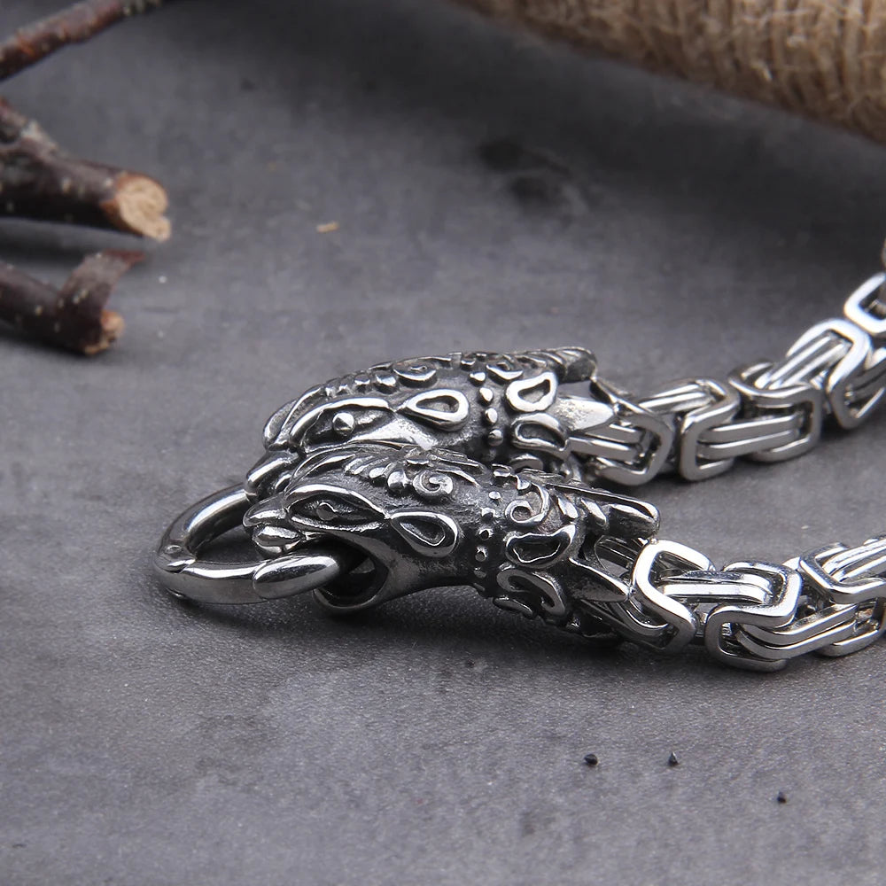 Stainless Steel Viking Wolf Head Square-Link Chain with round Clasp without Pendant with Wooden Box as Christmas Gift