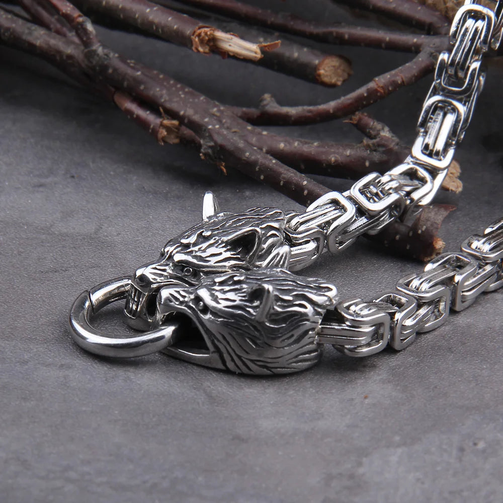 Stainless Steel Viking Wolf Head Square-Link Chain with round Clasp without Pendant with Wooden Box as Christmas Gift
