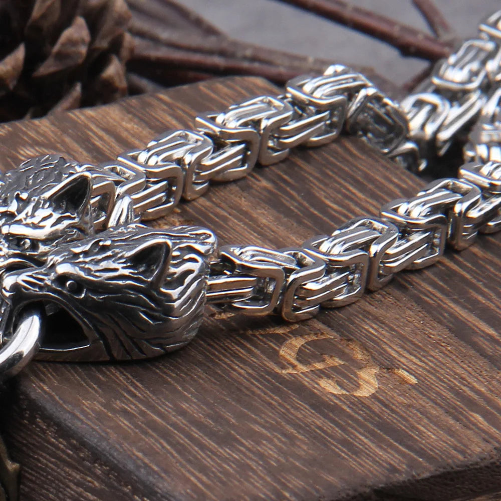 Stainless Steel Viking Wolf Head Square-Link Chain with round Clasp without Pendant with Wooden Box as Christmas Gift