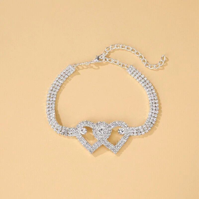 Double Heart Anklet Bracelet Love Barefoot Chain Bling Crystal Ankle Bracelet