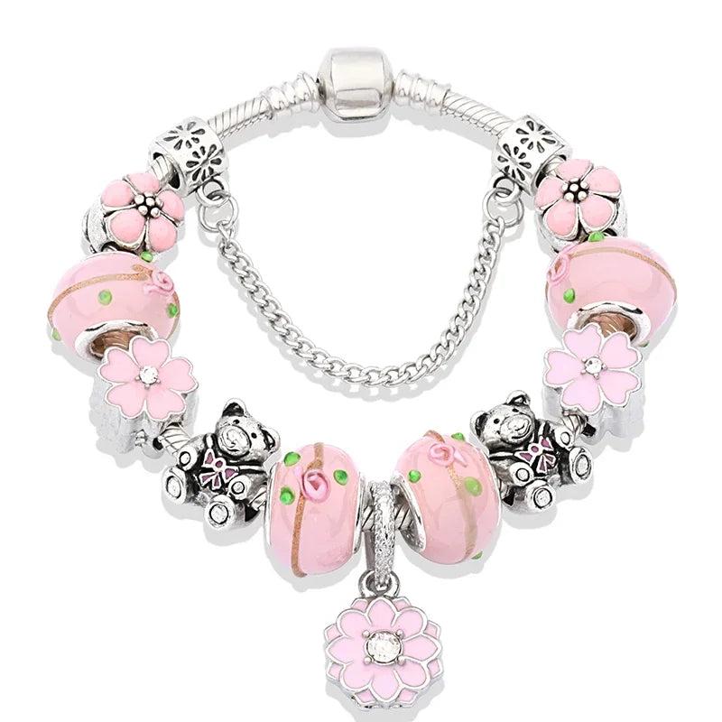 New Romantic Pink Cherry Blossoms Flower Charm Bracelet Cute Pink Enamel Crystal Plant Bead Bracelet for Women Girl Xmas Gift