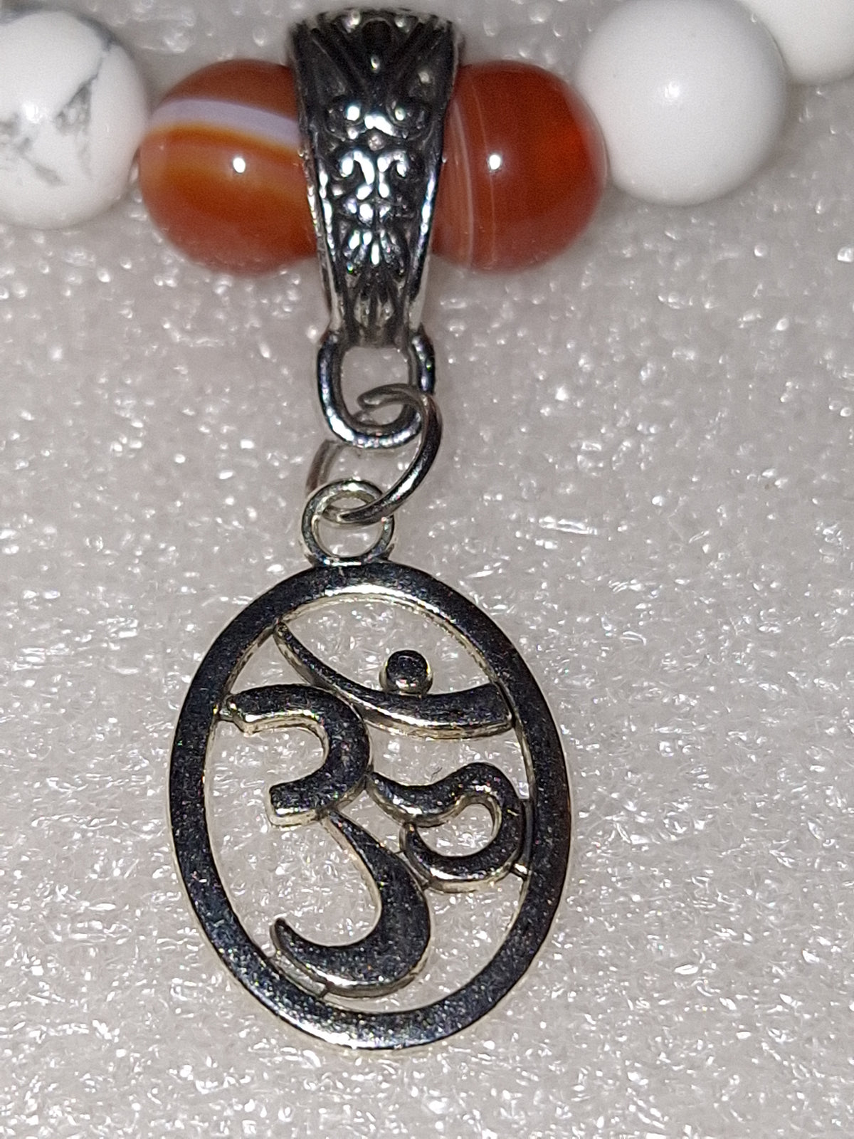 White Howlite & Carnelian Beaded Bracelet with Sacred Om Pendant | Balance & Grounding