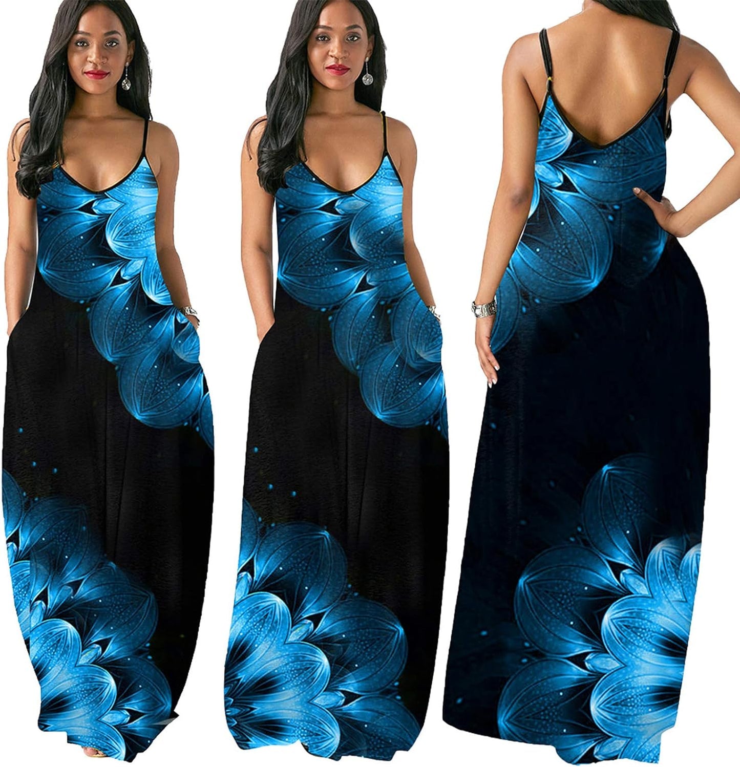 Sunflower Dresses for Women Casual Sleeveless Printed Maxi Dress V Neck Long Sundresses with Pockets