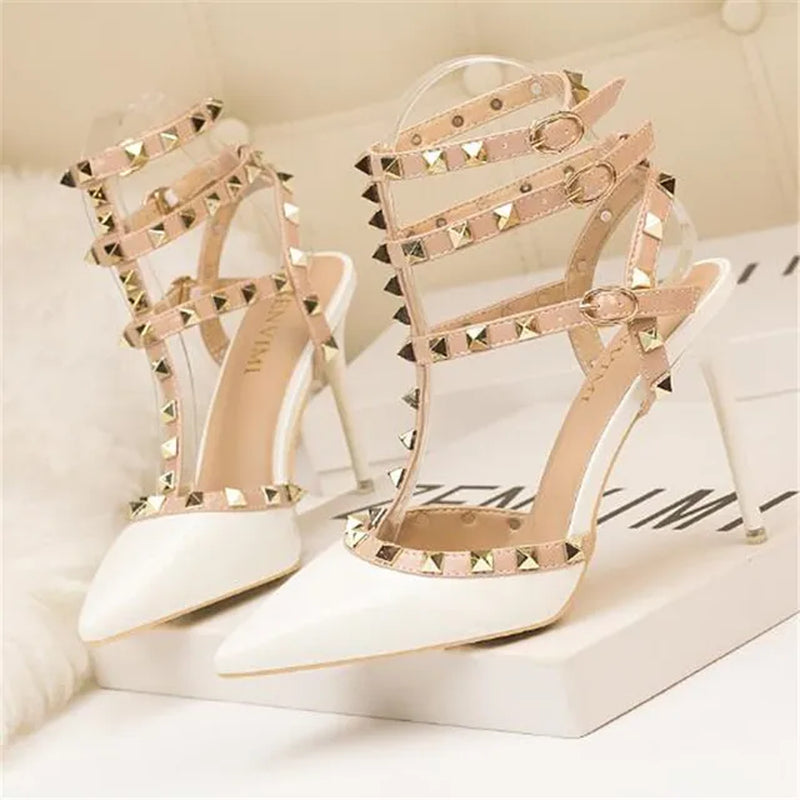 Rivet High Heels Luxury Designer Women Shoes Ladies Pumps Sexy Spring Summer 2020 Fashion Sandals Office Dress White Black Shoes