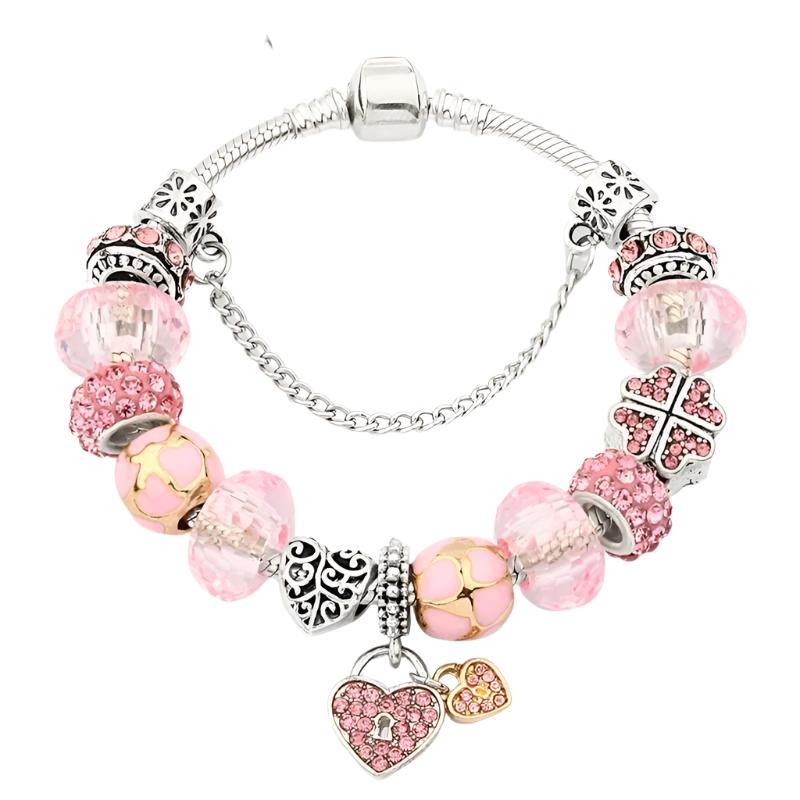 New Romantic Pink Cherry Blossoms Flower Charm Bracelet Cute Pink Enamel Crystal Plant Bead Bracelet for Women Girl Xmas Gift