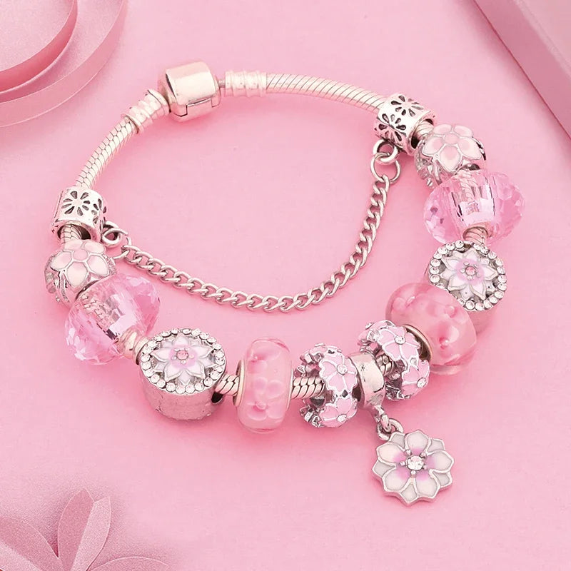 New Romantic Pink Cherry Blossoms Flower Charm Bracelet Cute Pink Enamel Crystal Plant Bead Bracelet for Women Girl Xmas Gift