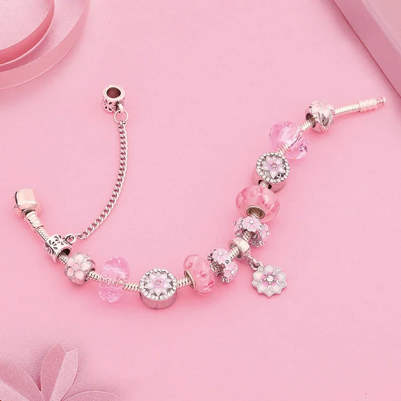 New Romantic Pink Cherry Blossoms Flower Charm Bracelet Cute Pink Enamel Crystal Plant Bead Bracelet for Women Girl Xmas Gift