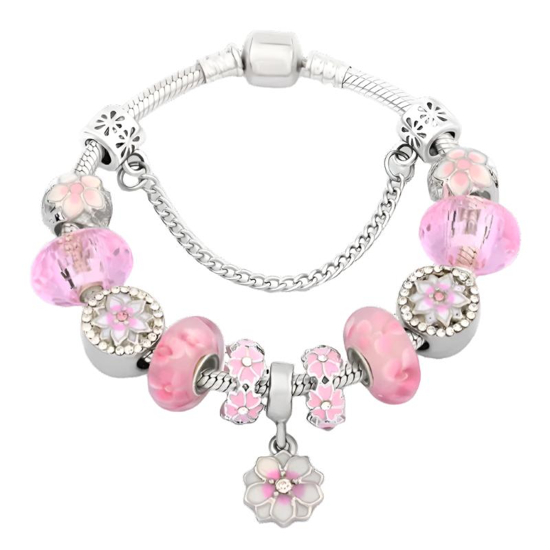 New Romantic Pink Cherry Blossoms Flower Charm Bracelet Cute Pink Enamel Crystal Plant Bead Bracelet for Women Girl Xmas Gift