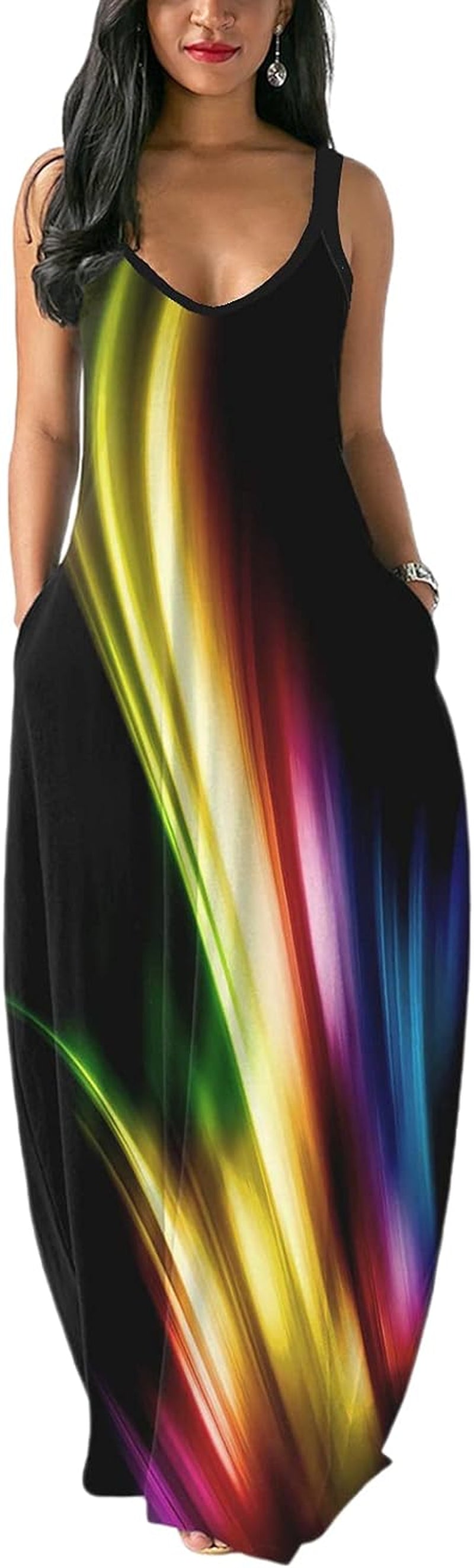 Women'S Rainbow Printed Maxi Dresses Sleeveless V Neck Adjustable Draped Casual Long Colorful Sundresses with Pocket Small