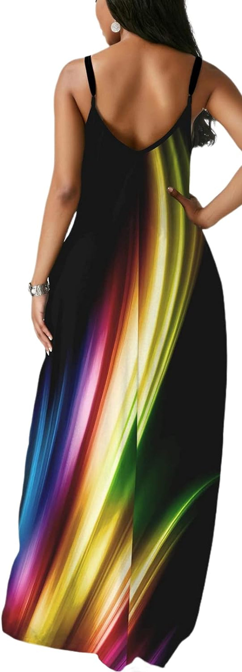 Women'S Rainbow Printed Maxi Dresses Sleeveless V Neck Adjustable Draped Casual Long Colorful Sundresses with Pocket Small