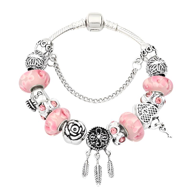 New Romantic Pink Cherry Blossoms Flower Charm Bracelet Cute Pink Enamel Crystal Plant Bead Bracelet for Women Girl Xmas Gift