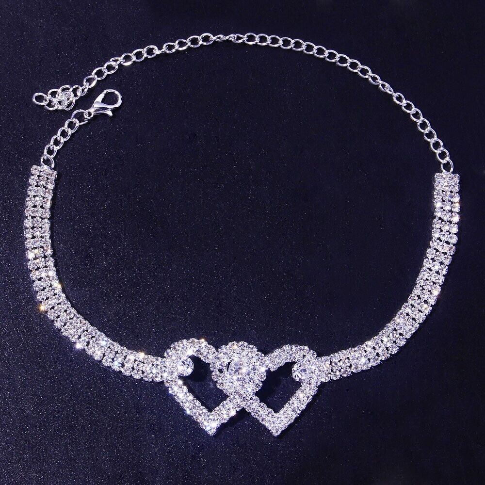 Double Heart Anklet Bracelet Love Barefoot Chain Bling Crystal Ankle Bracelet