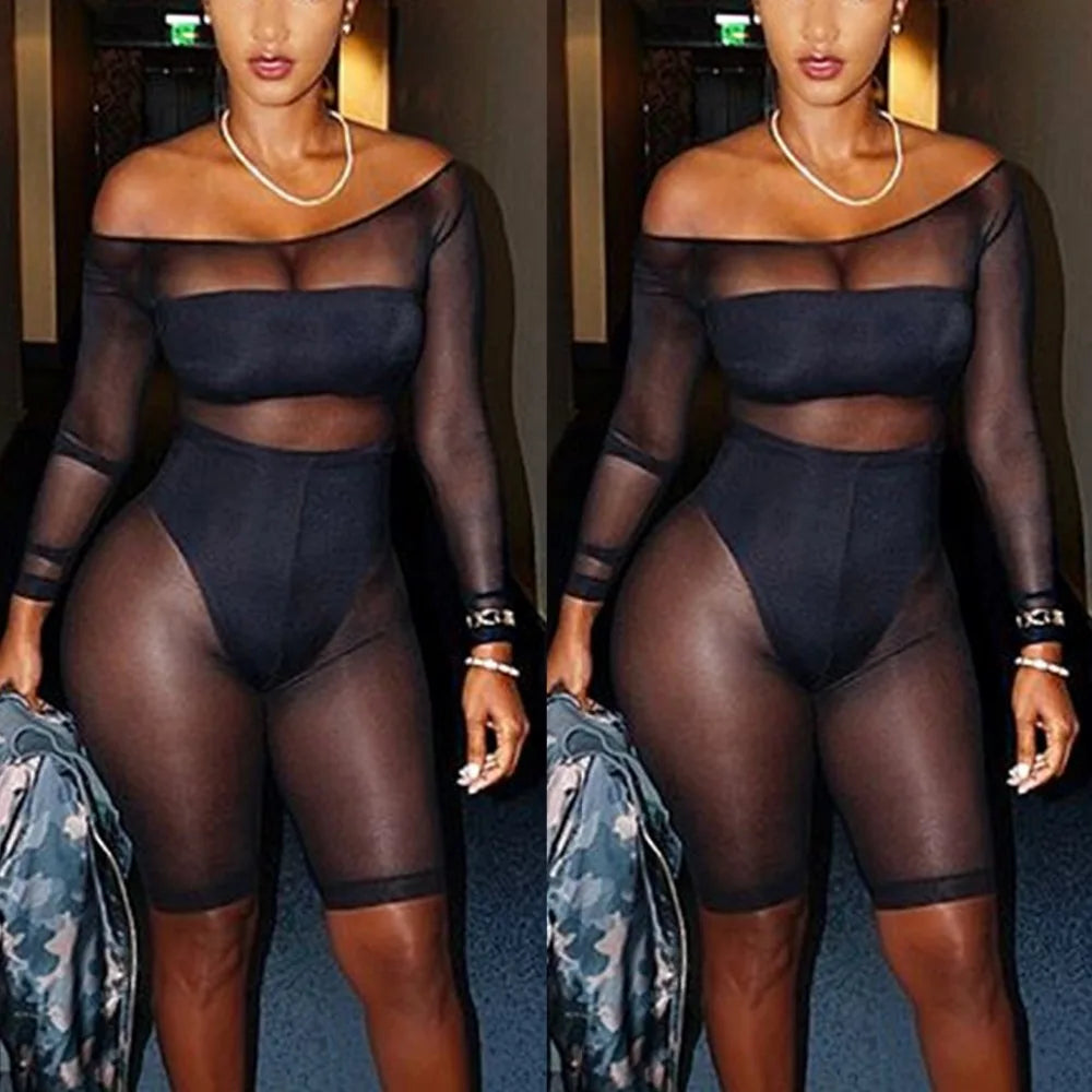 BKLD Long Sleeve Romper Women Sheer Bodysuit Rompers Womens Jumpsuit Summer 2024 New off the Shoulder Mesh Bodycon Sexy Rompers