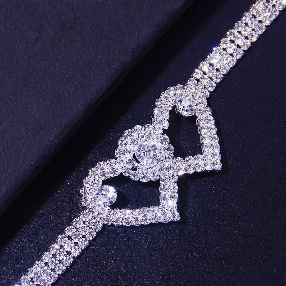 Double Heart Anklet Bracelet Love Barefoot Chain Bling Crystal Ankle Bracelet