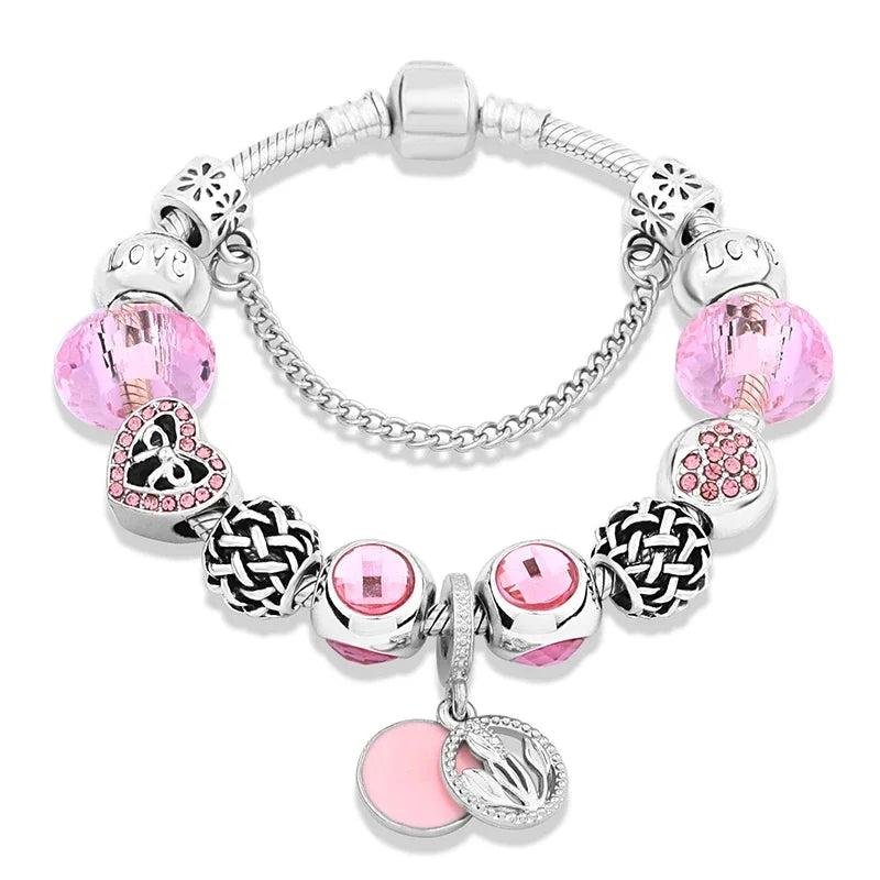 New Romantic Pink Cherry Blossoms Flower Charm Bracelet Cute Pink Enamel Crystal Plant Bead Bracelet for Women Girl Xmas Gift