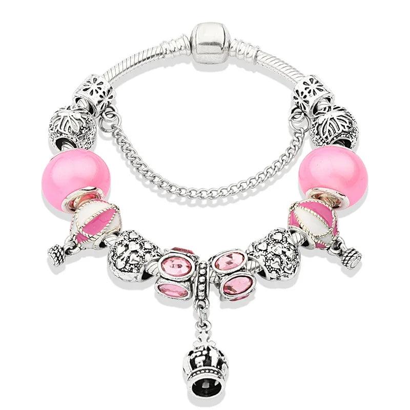 New Romantic Pink Cherry Blossoms Flower Charm Bracelet Cute Pink Enamel Crystal Plant Bead Bracelet for Women Girl Xmas Gift