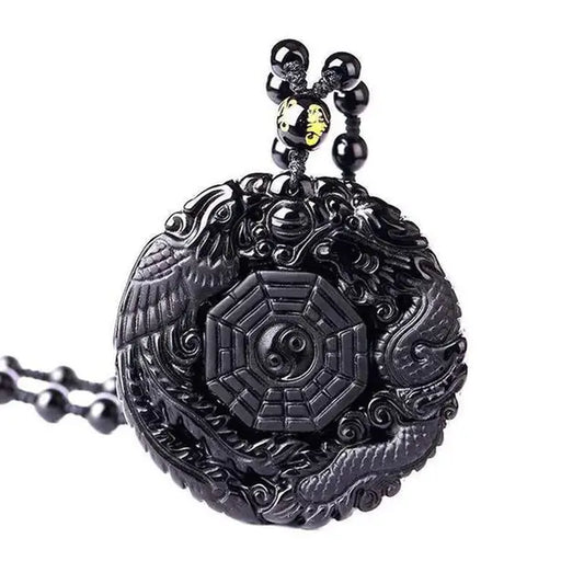 Natural Black Obsidian Hand Carved Chinese Dragon Phoenix Amulet Bagua Necklaces for Men Women Luck Mascot Amulet Male Necklace