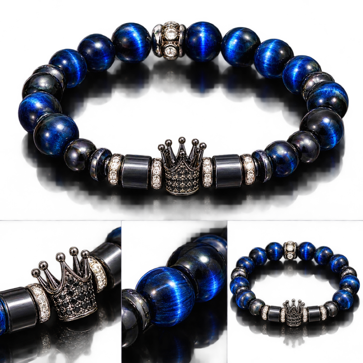 Blue Tiger's Eye & Hematite Crown Bracelet | Protection, Power & Royalty