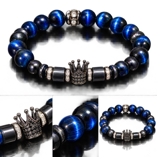 Blue Tiger's Eye & Hematite Crown Bracelet | Protection, Power & Royalty