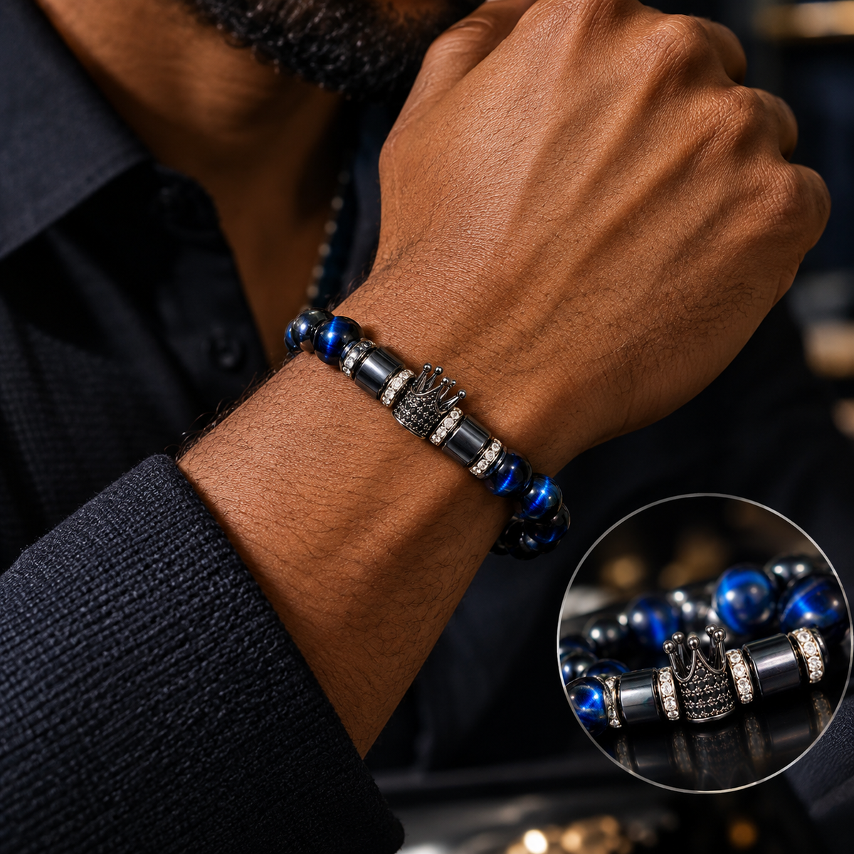 Blue Tiger's Eye & Hematite Crown Bracelet | Protection, Power & Royalty