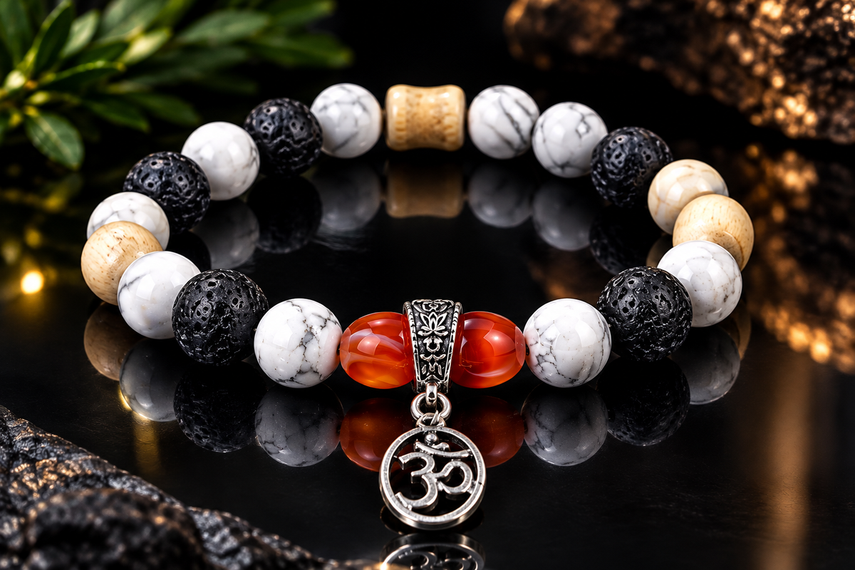 White Howlite & Carnelian Beaded Bracelet with Sacred Om Pendant | Balance & Grounding
