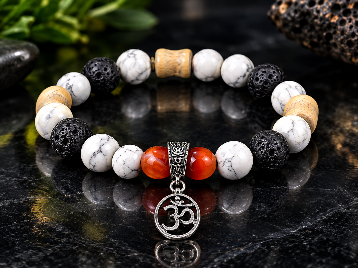 White Howlite & Carnelian Beaded Bracelet with Sacred Om Pendant | Balance & Grounding