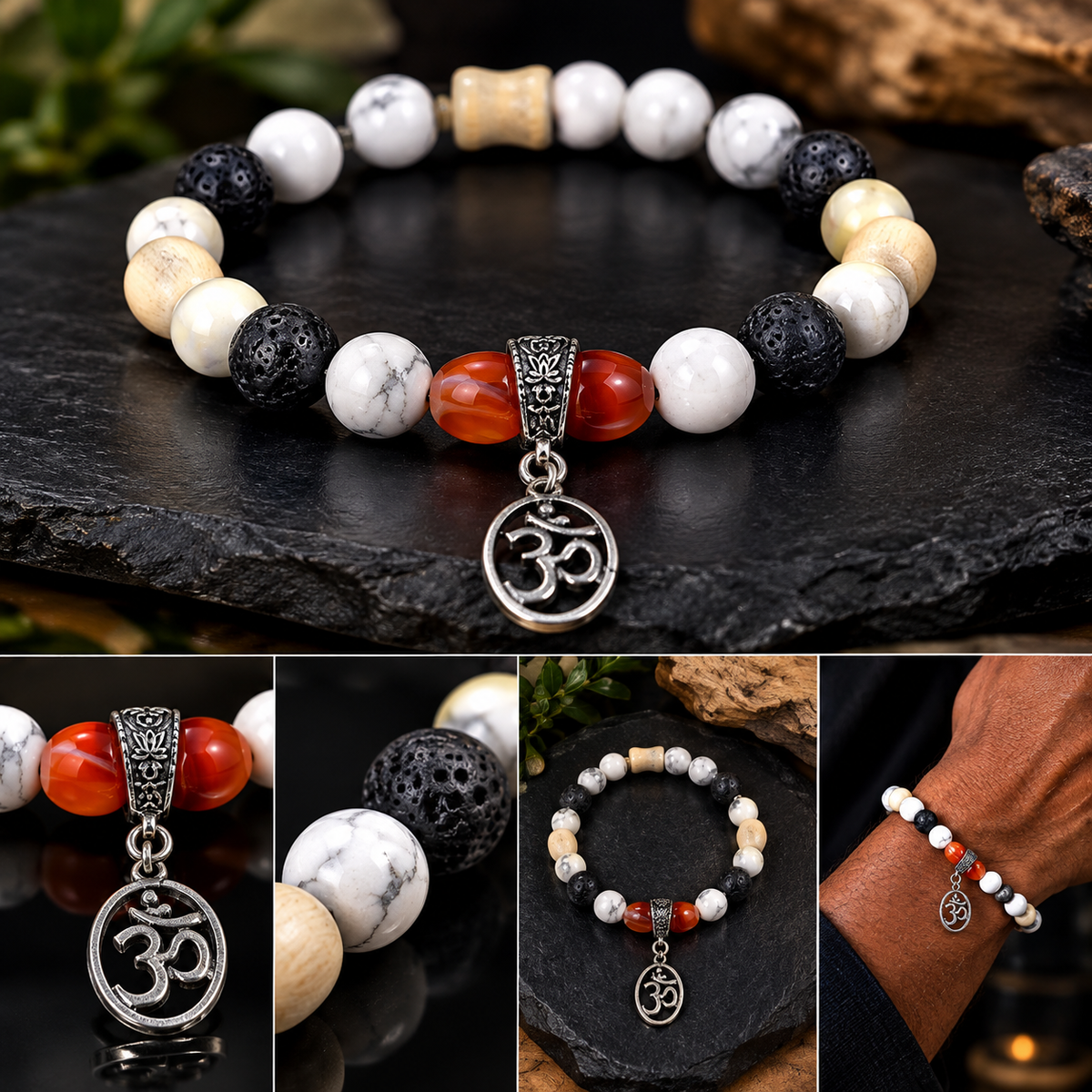 White Howlite & Carnelian Beaded Bracelet with Sacred Om Pendant | Balance & Grounding