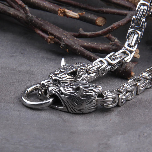 Stainless Steel Viking Wolf Head Square-Link Chain with round Clasp without Pendant with Wooden Box as Christmas Gift