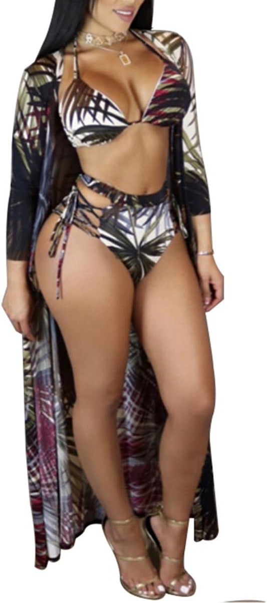 Women'S Printed 3 Pieces High Waist Bikini Maxi Swimsuit Cover Up