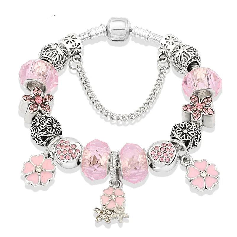 New Romantic Pink Cherry Blossoms Flower Charm Bracelet Cute Pink Enamel Crystal Plant Bead Bracelet for Women Girl Xmas Gift