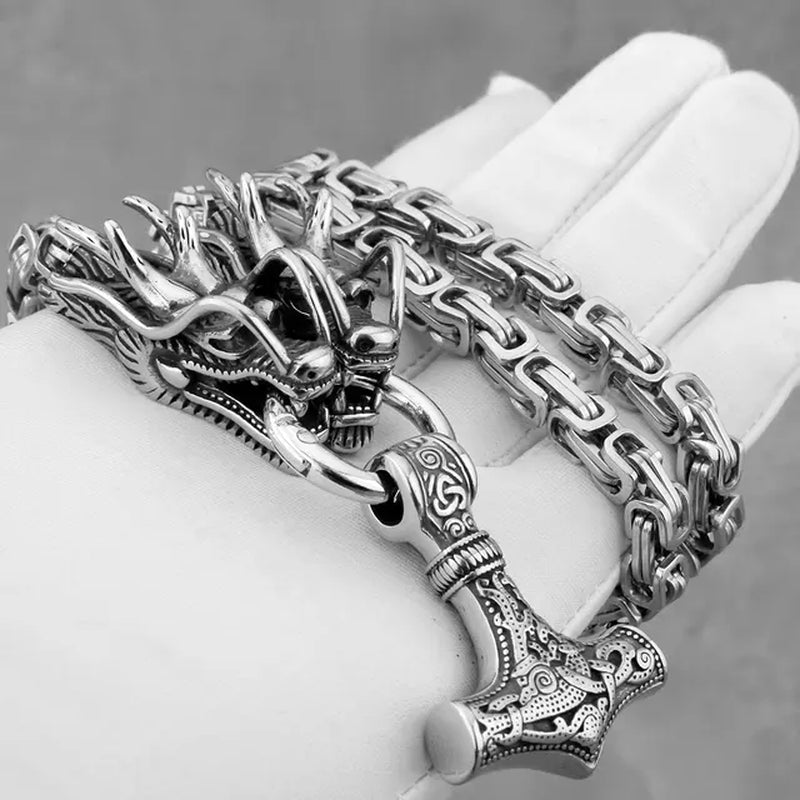 Stainless Steel Viking Dragon Head Necklace Men'S Domineering Thick Chain Thor'S Hammer Pendant Jewelry Biker Party Club Gift