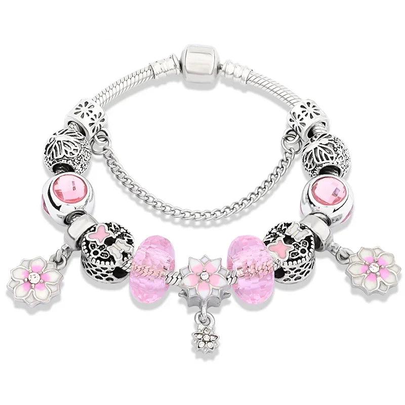 New Romantic Pink Cherry Blossoms Flower Charm Bracelet Cute Pink Enamel Crystal Plant Bead Bracelet for Women Girl Xmas Gift