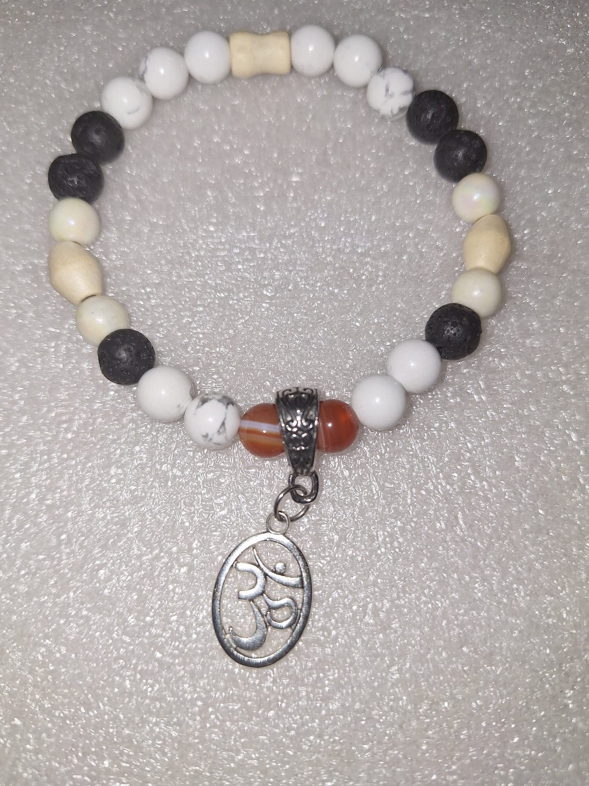 White Howlite & Carnelian Beaded Bracelet with Sacred Om Pendant | Balance & Grounding