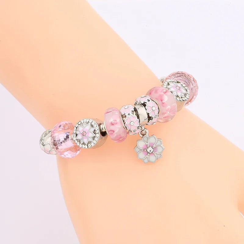 New Romantic Pink Cherry Blossoms Flower Charm Bracelet Cute Pink Enamel Crystal Plant Bead Bracelet for Women Girl Xmas Gift