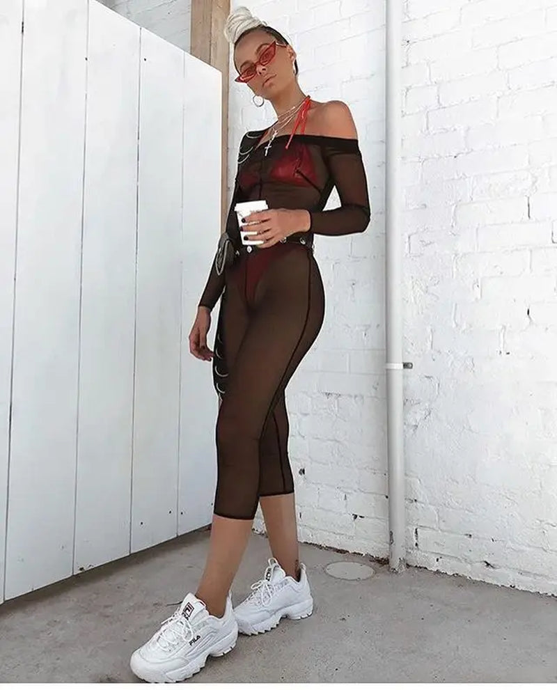 BKLD Long Sleeve Romper Women Sheer Bodysuit Rompers Womens Jumpsuit Summer 2024 New off the Shoulder Mesh Bodycon Sexy Rompers