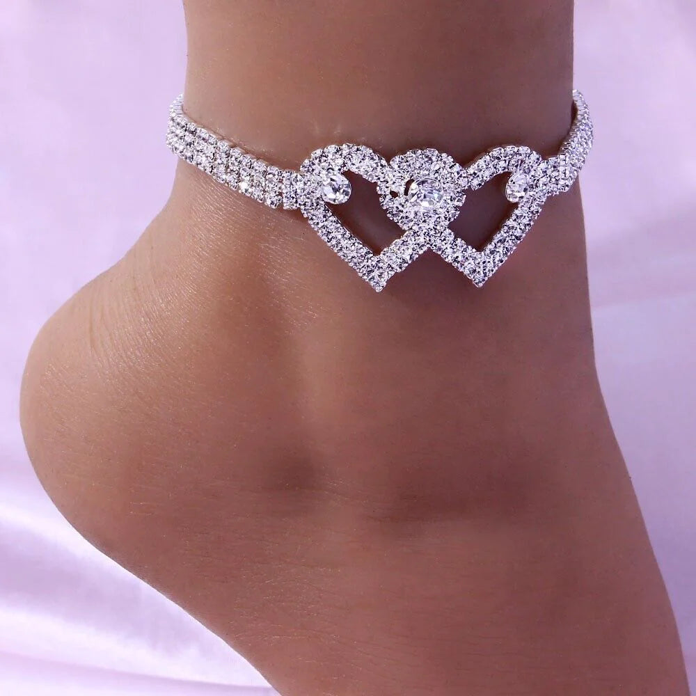 Double Heart Anklet Bracelet Love Barefoot Chain Bling Crystal Ankle Bracelet