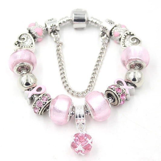 New Arrival Pink Ball Bead Bracelet Women Jewelry Breast Cancer Awareness Pink Ribbon Bracelet for Women Gift Bijoux Pulsera