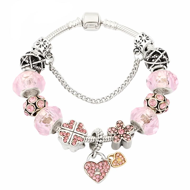 New Romantic Pink Cherry Blossoms Flower Charm Bracelet Cute Pink Enamel Crystal Plant Bead Bracelet for Women Girl Xmas Gift