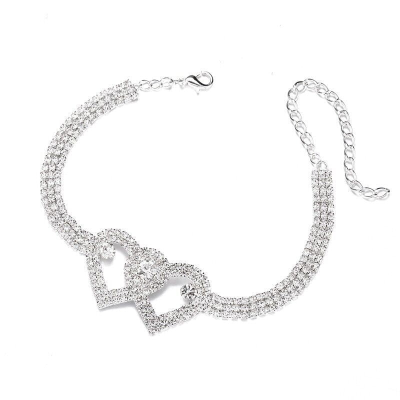 Double Heart Anklet Bracelet Love Barefoot Chain Bling Crystal Ankle Bracelet